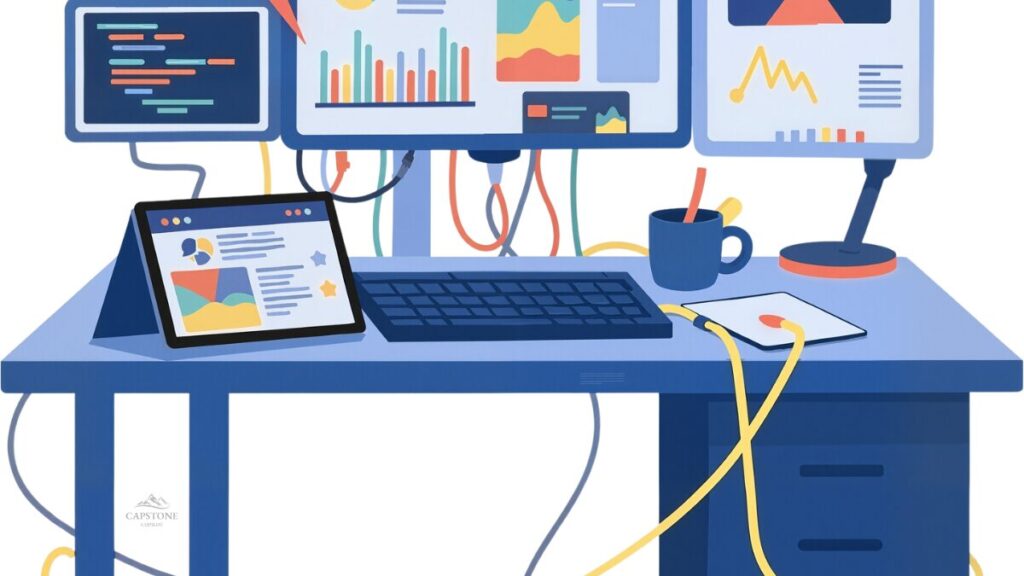 Illustration showing multiple digital tools arranged around a central workspace in an organized layout