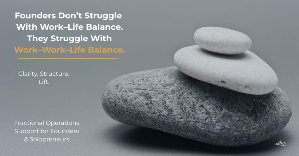 Visual representing a founder balancing work–work–life responsibilities with support from a Fractional Operating Officer.